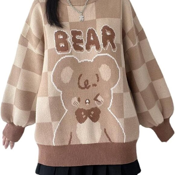 Harajuku Bear Oversize Knit Tan/Beige long puff sleeve Sweater‎ Size M - Picture 1 of 8